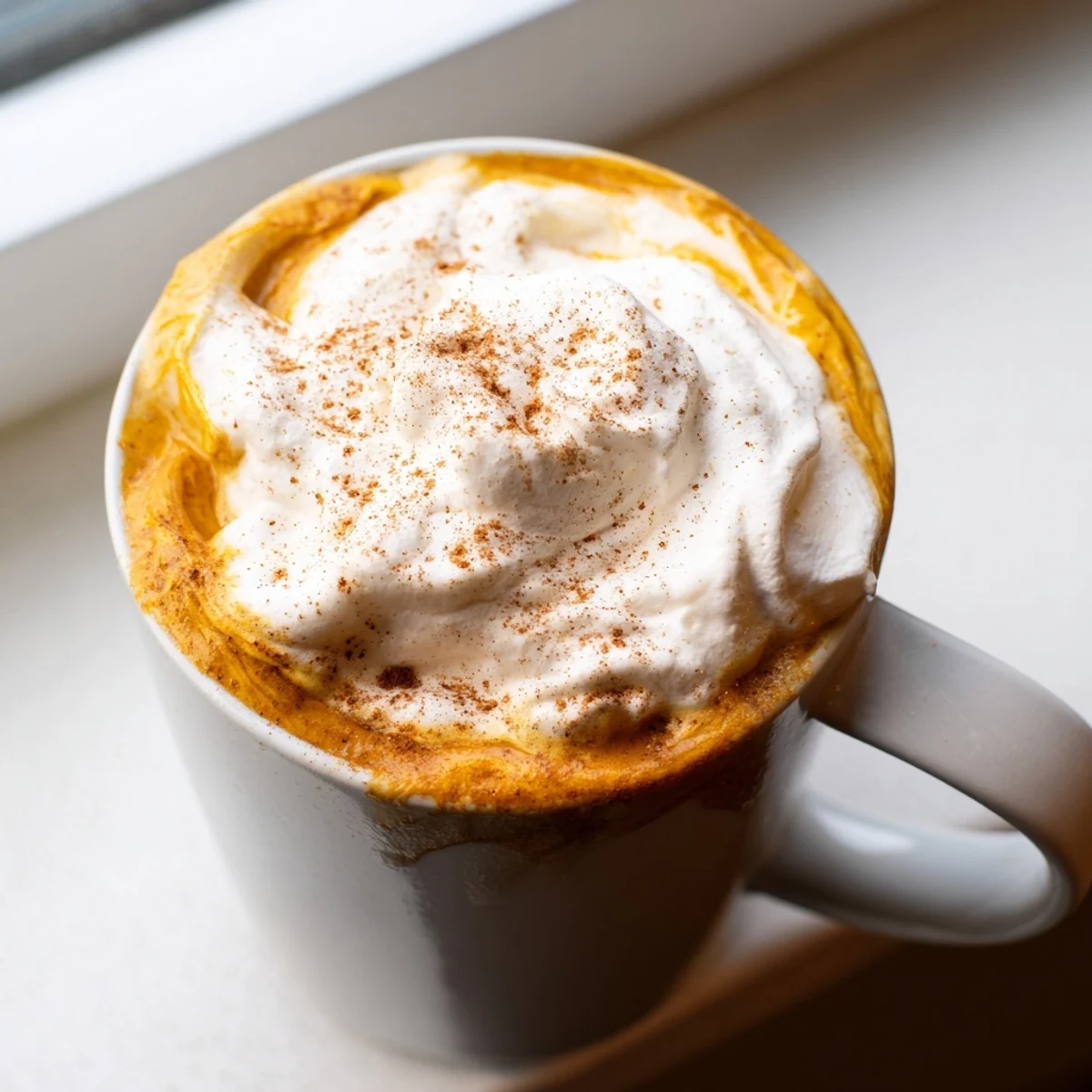 Steaming homemade pumpkin spice latte in a mug with frothy milk foam