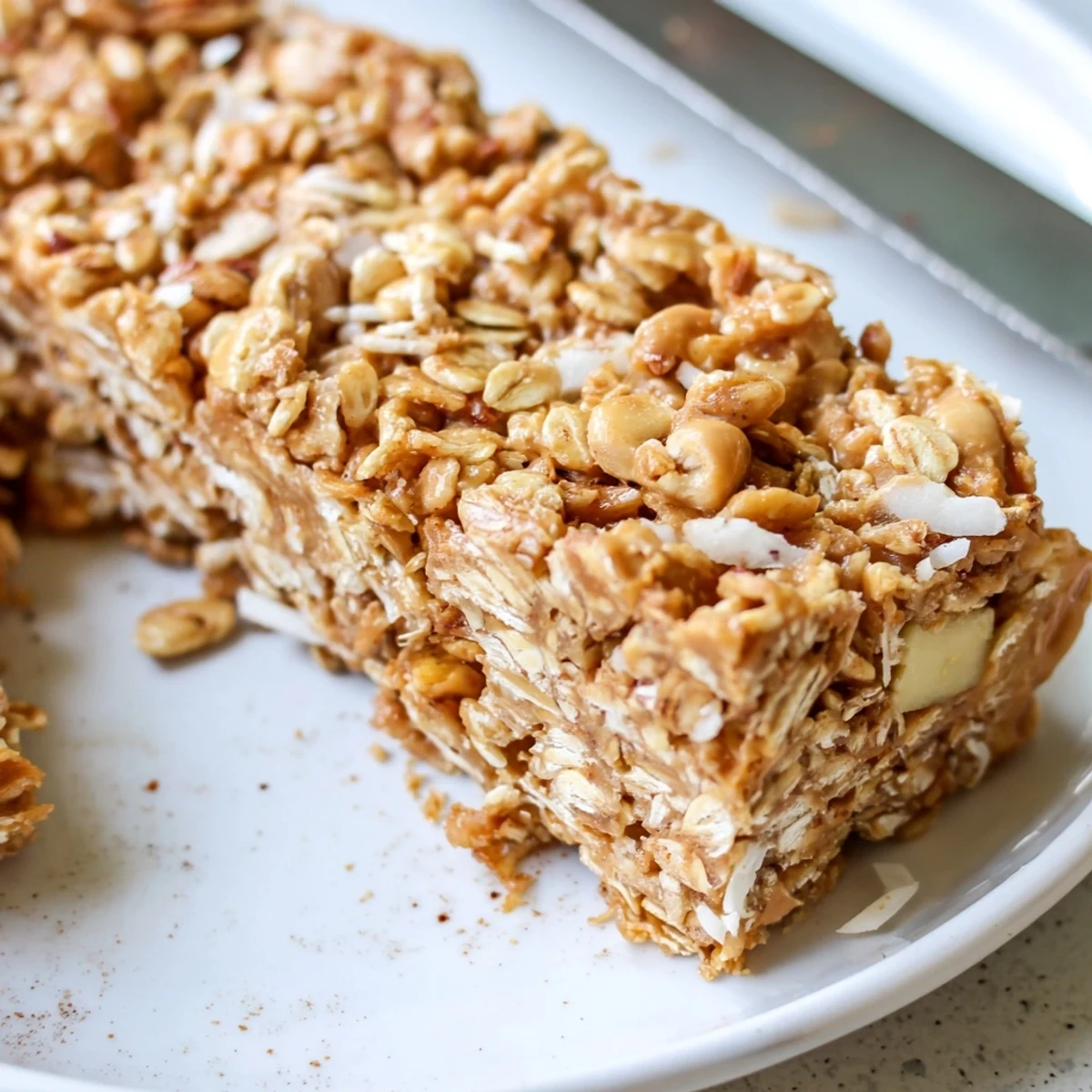 Chewy no bake apple peanut butter granola bars topped with visible oats and dried apple pieces