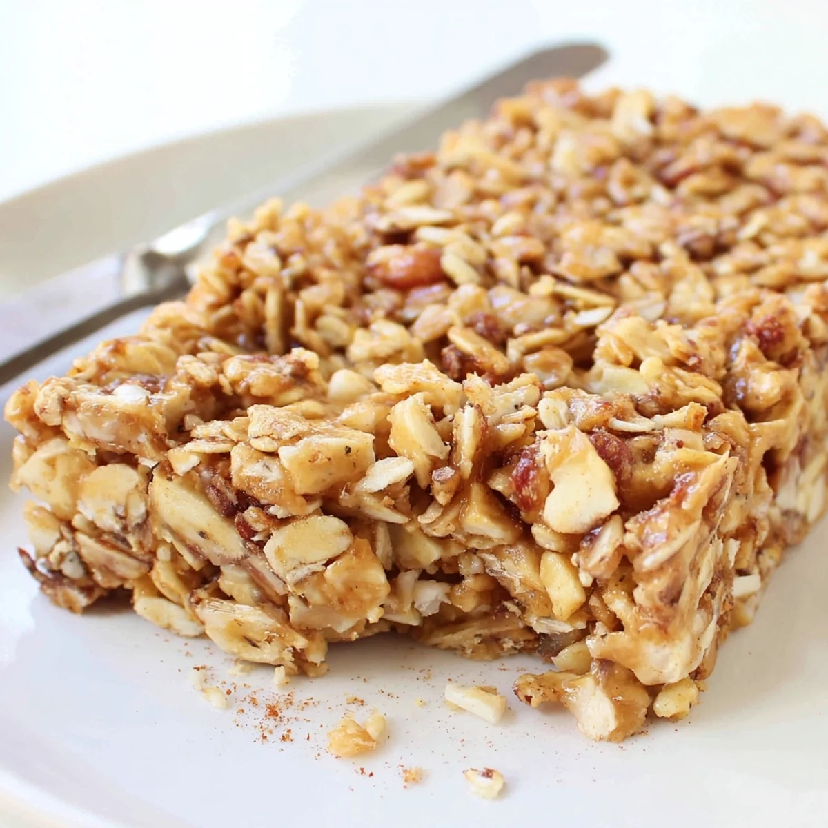 Thick no bake apple peanut butter granola bars sliced and stacked on a rustic cutting board