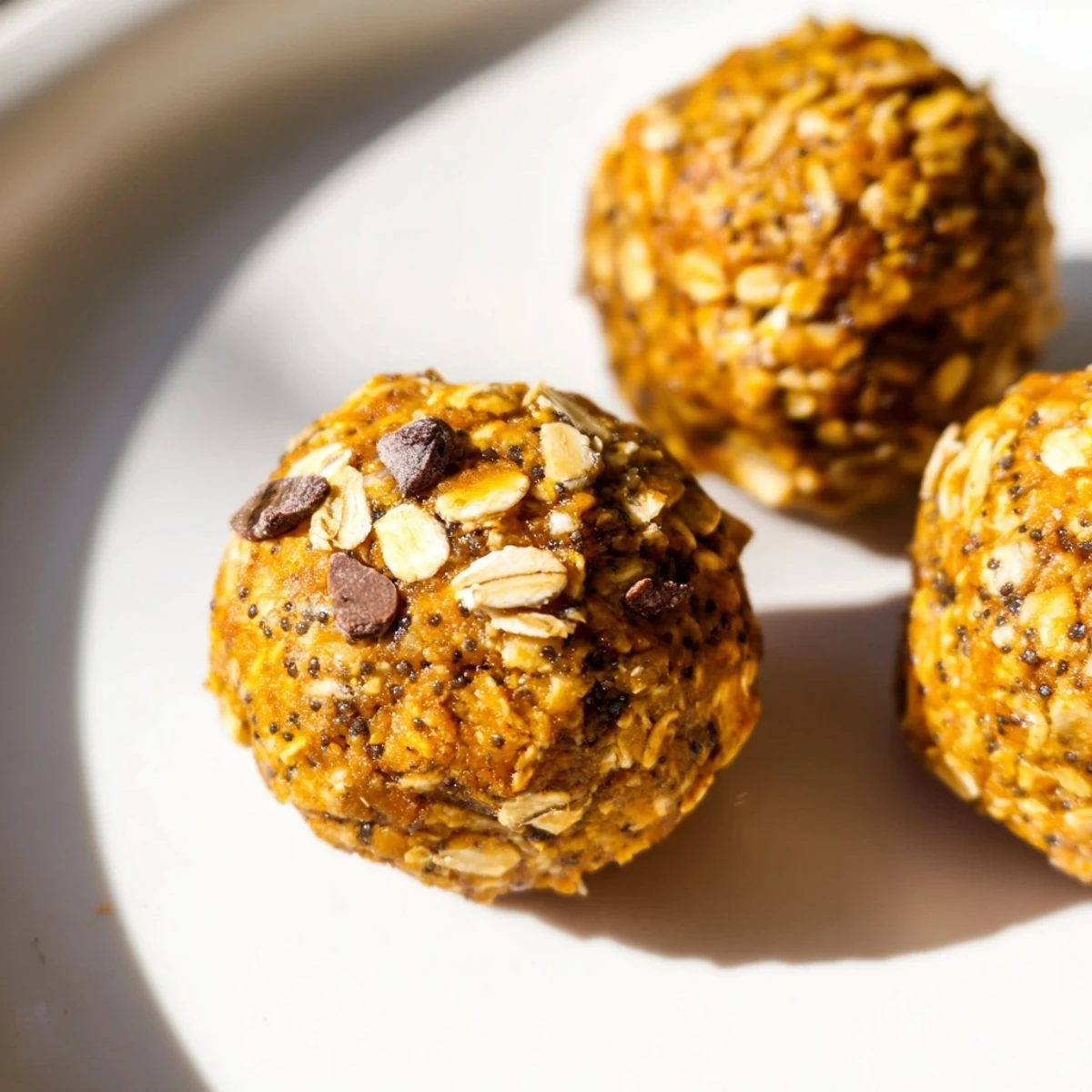 Golden no bake pumpkin protein balls with chocolate chips on rustic parchment paper.