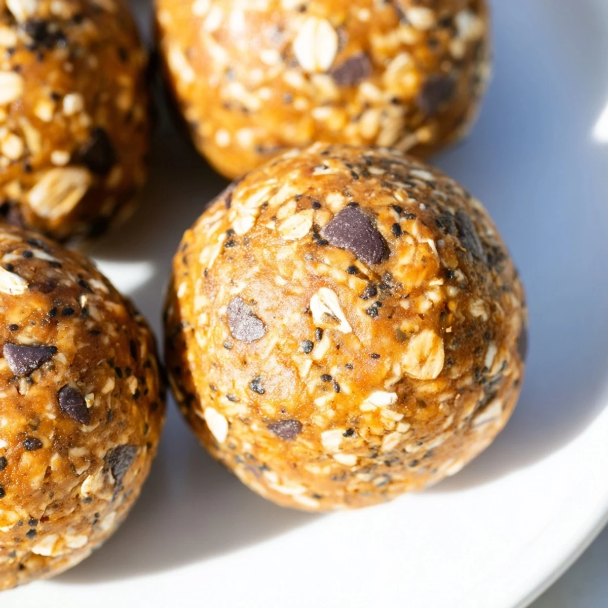 Plump no bake pumpkin protein balls coated in cinnamon and chia seeds.