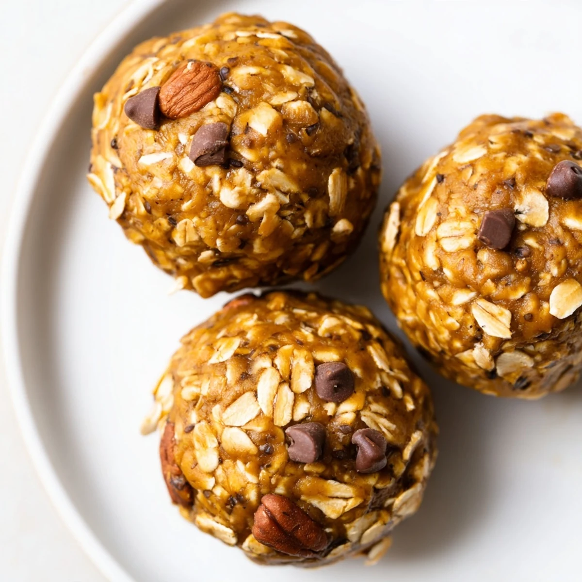 Creamy no bake pumpkin protein balls stacked on a white serving plate.