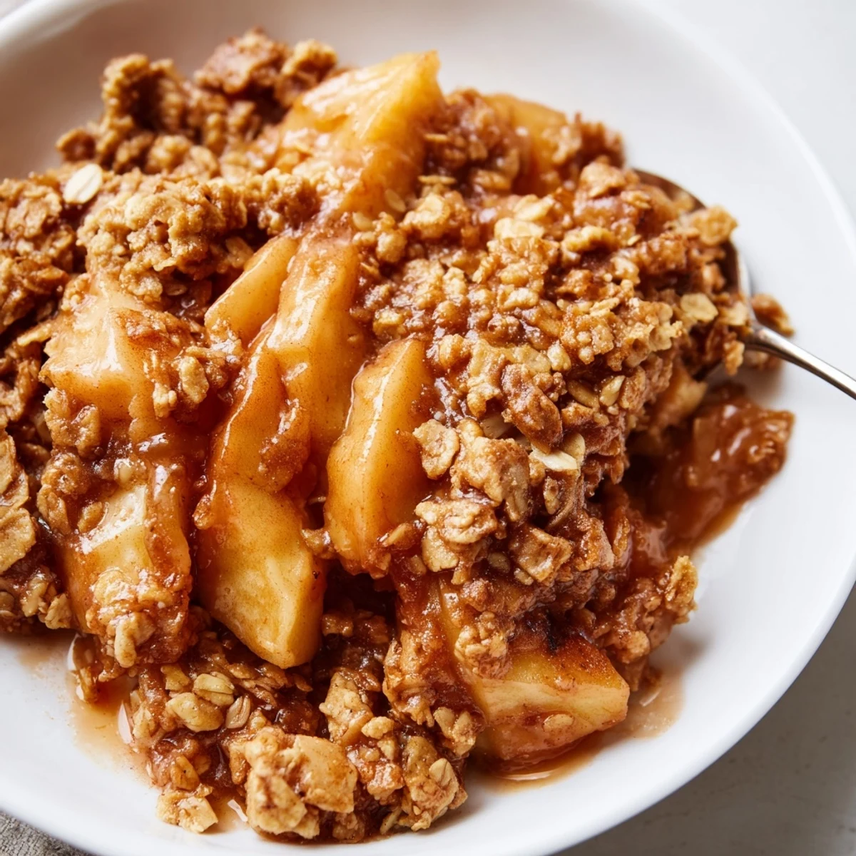 Warm Crockpot Apple Crisp served in a bowl with a scoop of vanilla ice cream