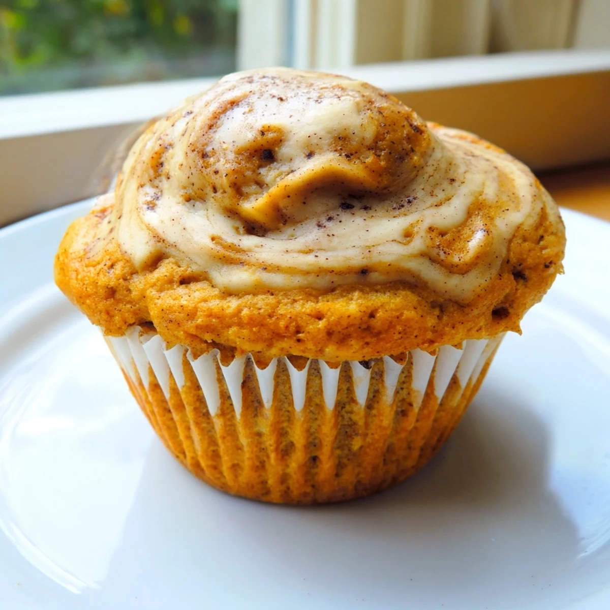 Moist chai pumpkin cheesecake muffins topped with swirled spiced cream cheese filling on a wire rack