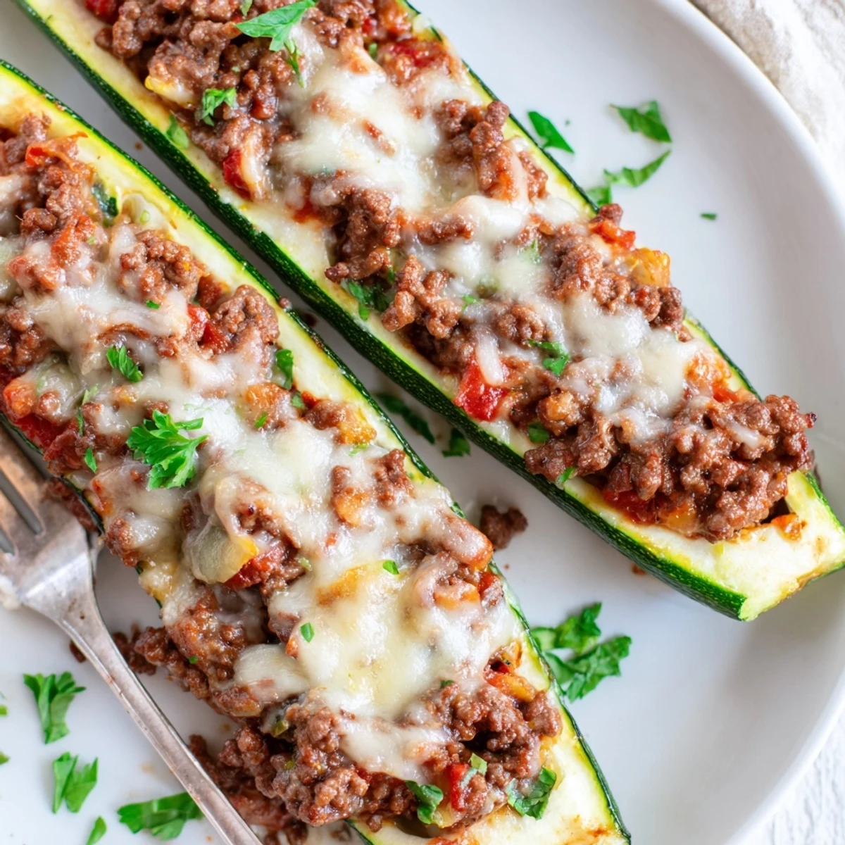 Golden stuffed zucchini boats with ground beef bubbling with melted mozzarella on a baking dish