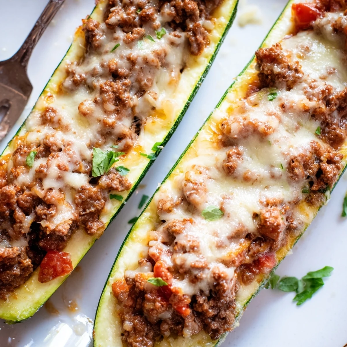 Tender baked zucchini halves filled with savory ground beef and Parmesan, garnished with fresh parsley