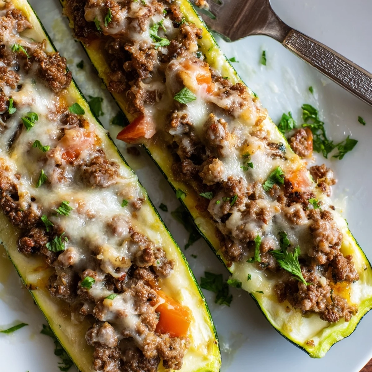 Sizzling stuffed zucchini boats with ground beef served hot from the oven on parchment paper
