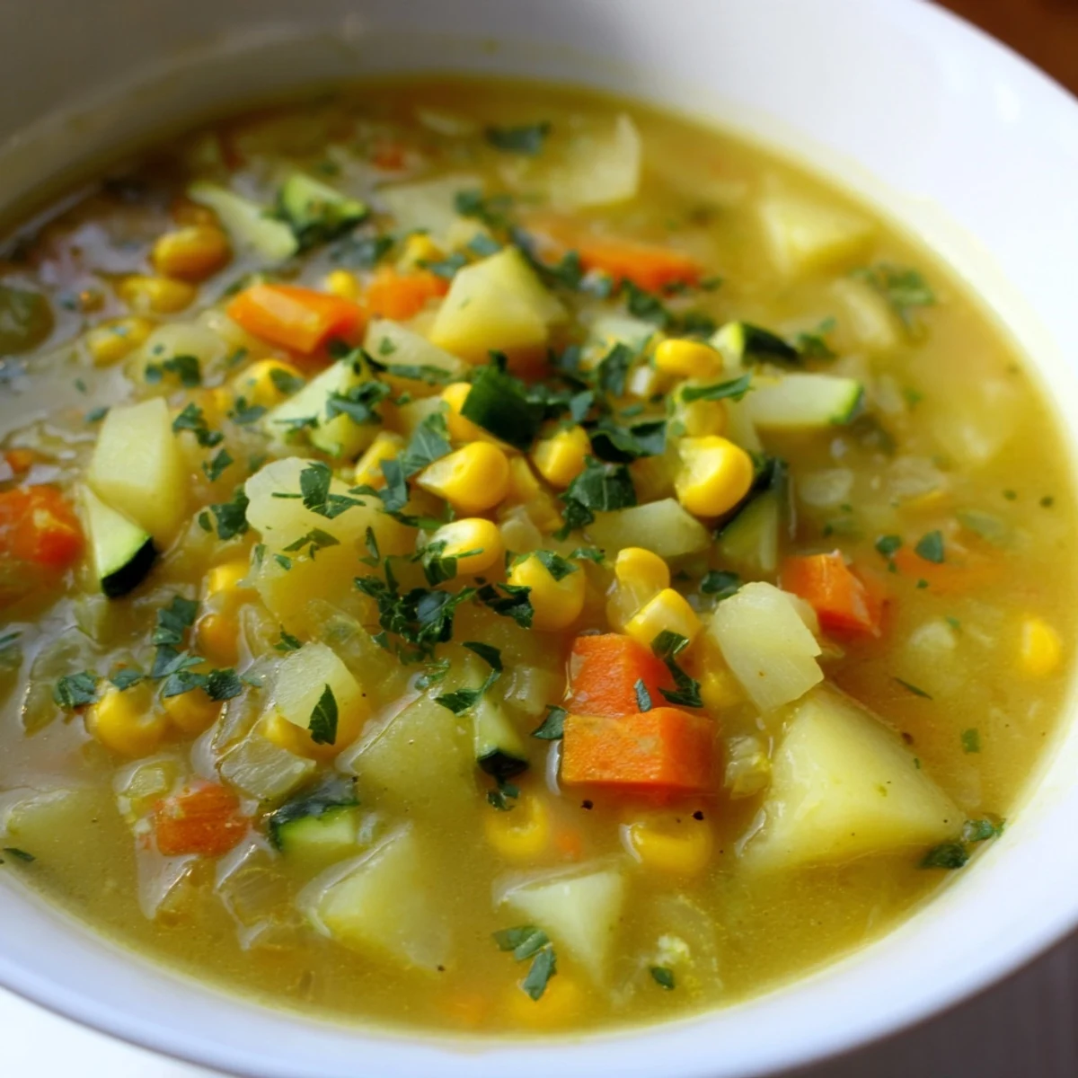 Steaming bowl of hearty potato corn zucchini soup topped with fresh parsley.