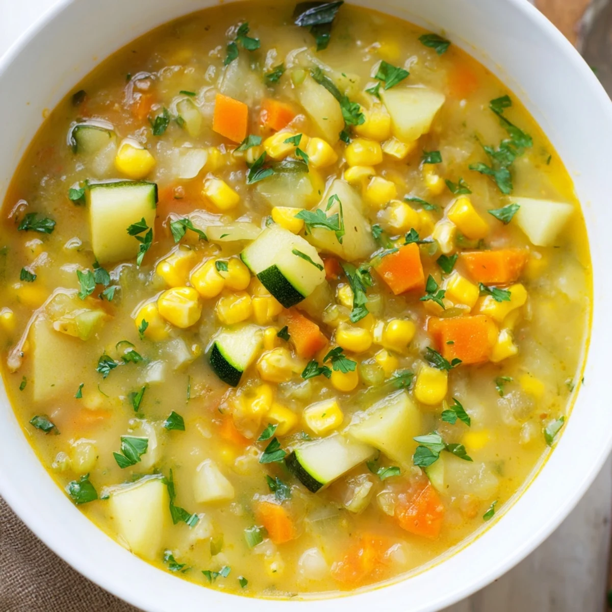 Golden corn and tender diced potatoes in a creamy vegetarian soup bowl.