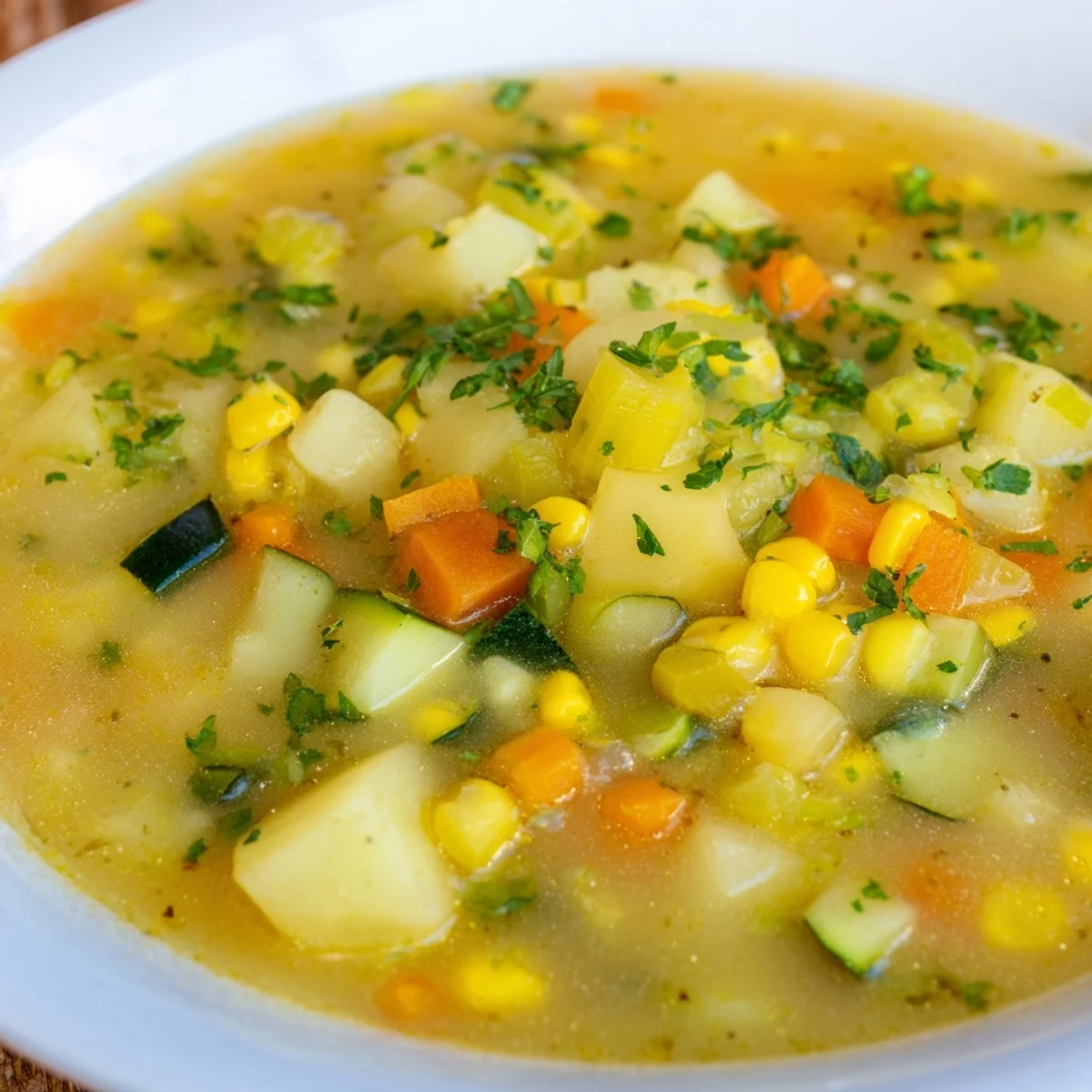 Hearty potato corn zucchini soup ladled hot with carrot and celery chunks.
