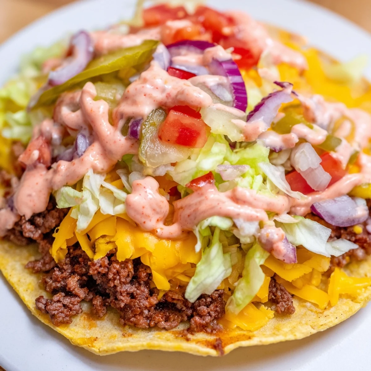 Crispy smashed beef taco with melted cheddar and tangy burger sauce drizzle