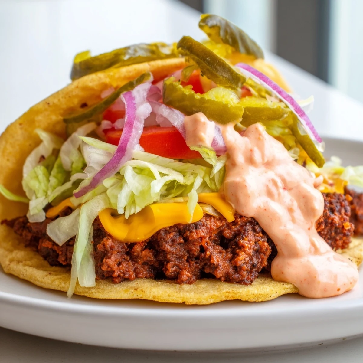 Cheesy smash burger tacos served warm with diced tomatoes and creamy sauce