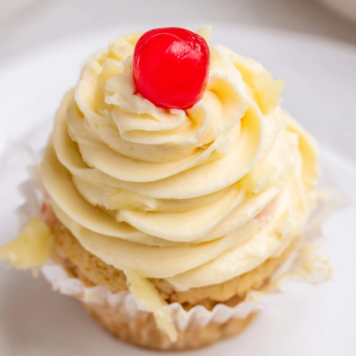 A batch of Dole Whip Cupcakes with light whipped topping and pineapple wedge
