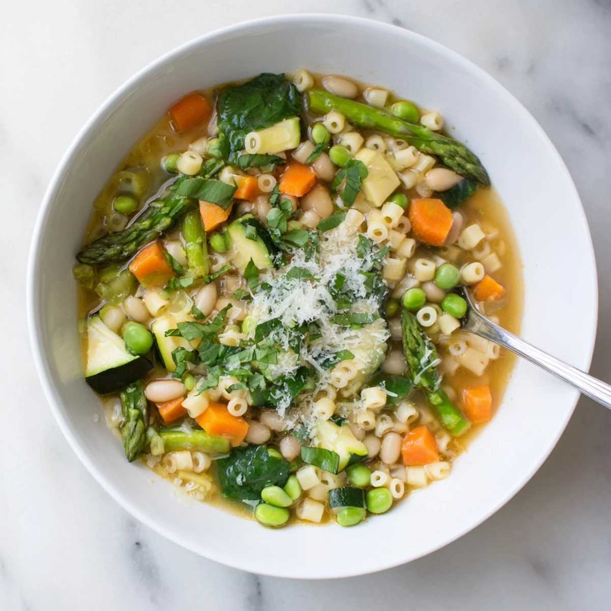 Colorful spring minestrone soup ladled into a rustic bowl topped with grated Parmesan