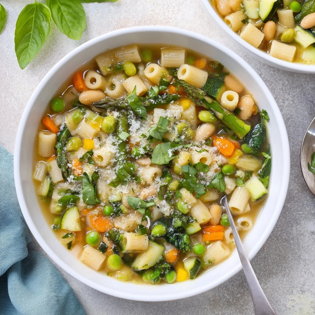 Garden-fresh spring minestrone soup featuring asparagus, peas, and ditalini pasta in broth