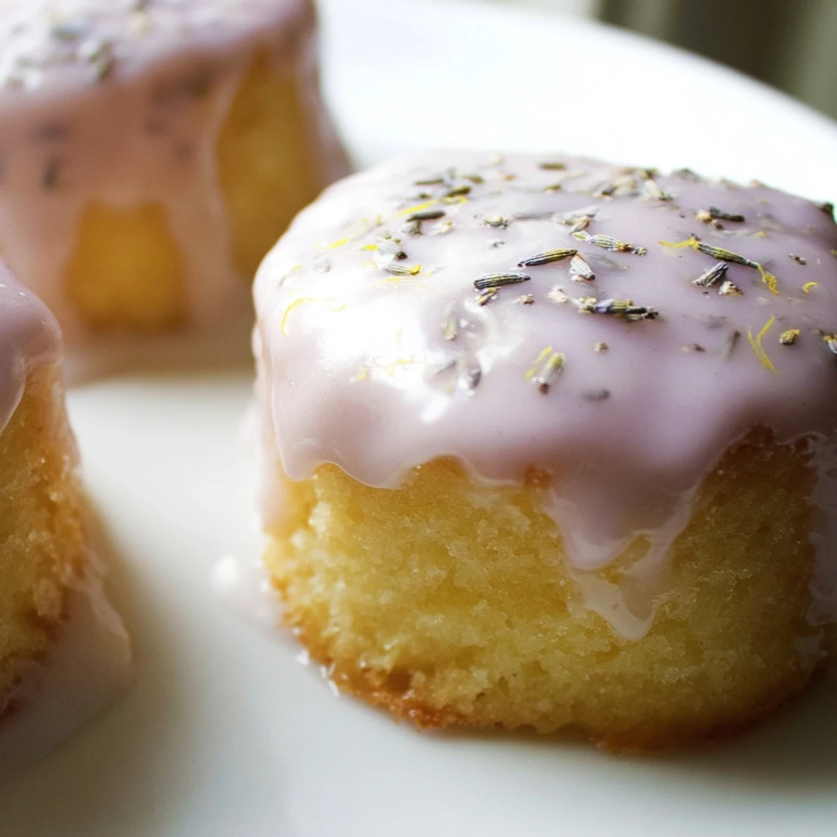 Soft mini lemon cakes with lavender glaze garnished with lemon zest on a cake stand