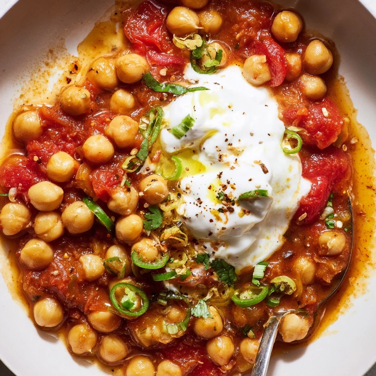 Creamy Greek Yogurt Chickpea Curry steaming in skillet, garnished with cilantro.