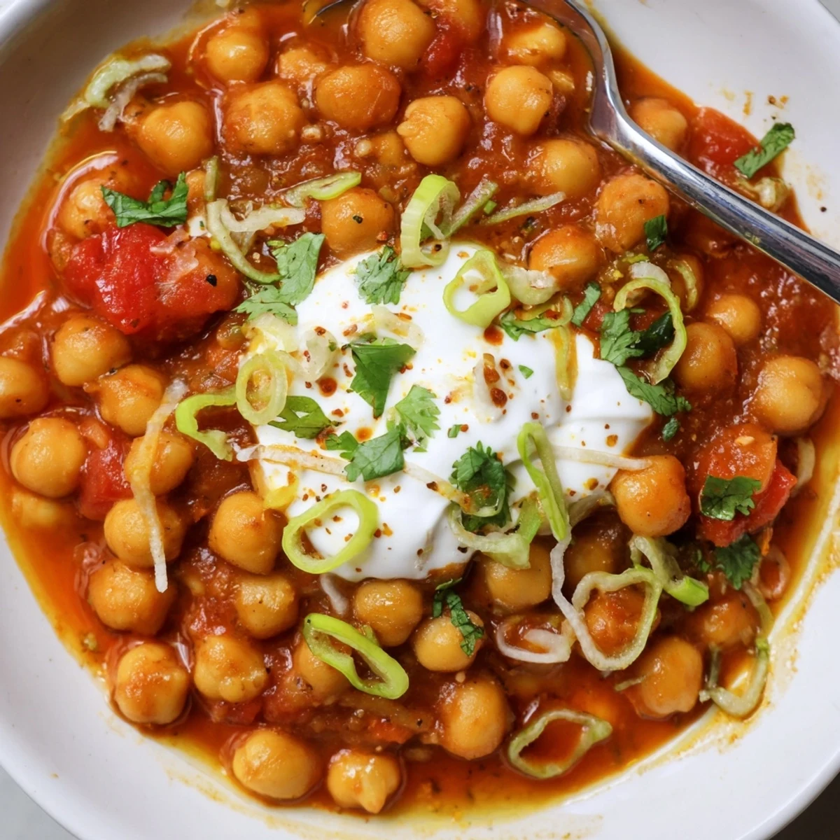 Bright, spiced Greek Yogurt Chickpea Curry served over fluffy basmati rice.