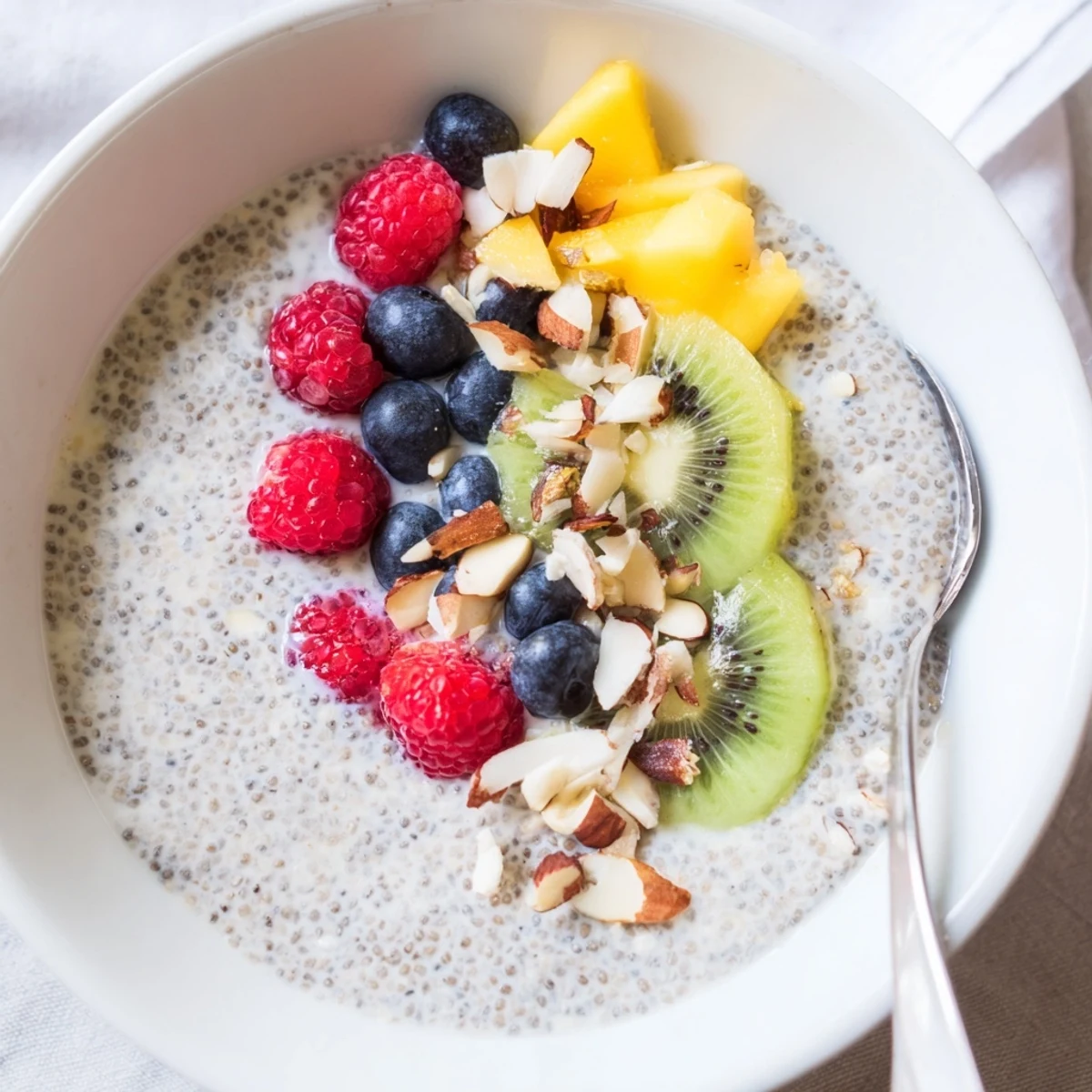 Creamy Coconut Chia Pudding topped with mango slices and toasted coconut