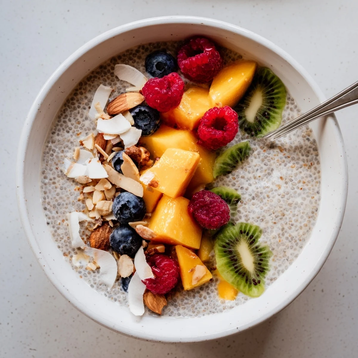 Silky Coconut Chia Pudding spooned over crunchy granola for breakfast or dessert