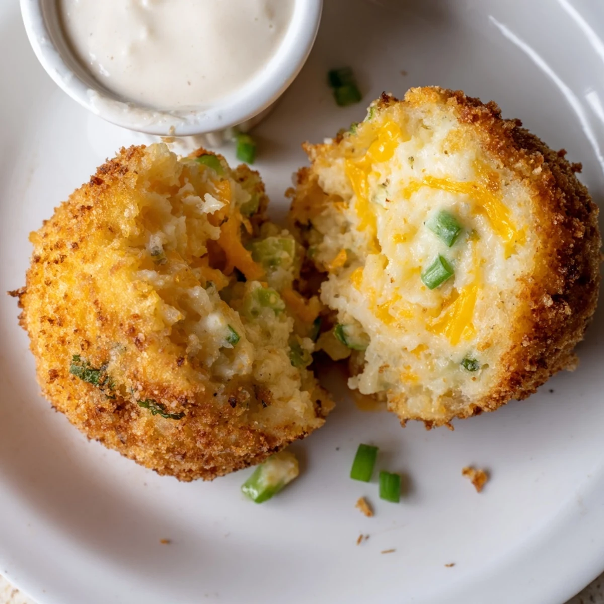 Fried Mashed Potato Balls glisten golden, crispy outside and creamy inside with ranch.