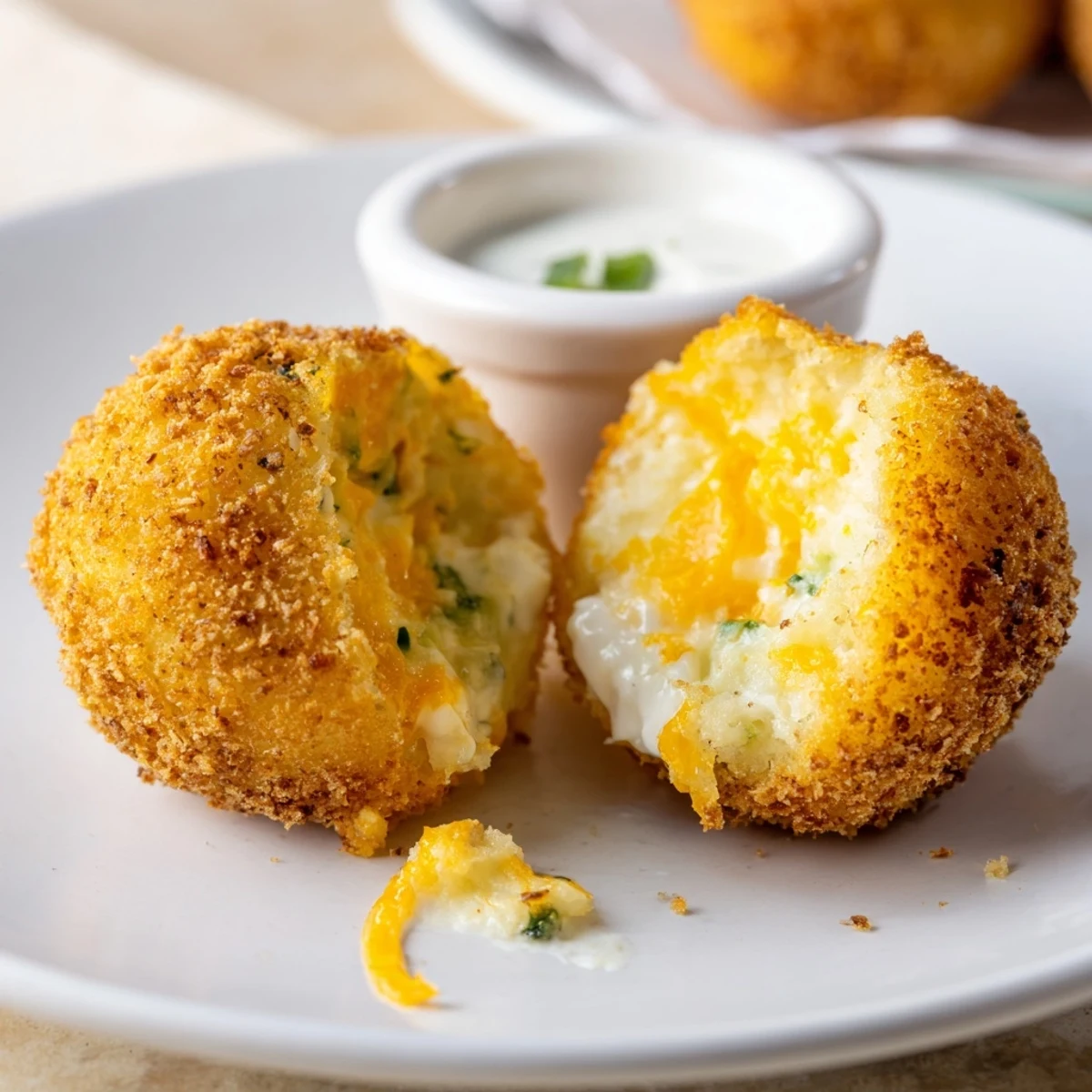 Golden-browned Fried Mashed Potato Balls piled high, fork-ready with sour cream dipping sauce.