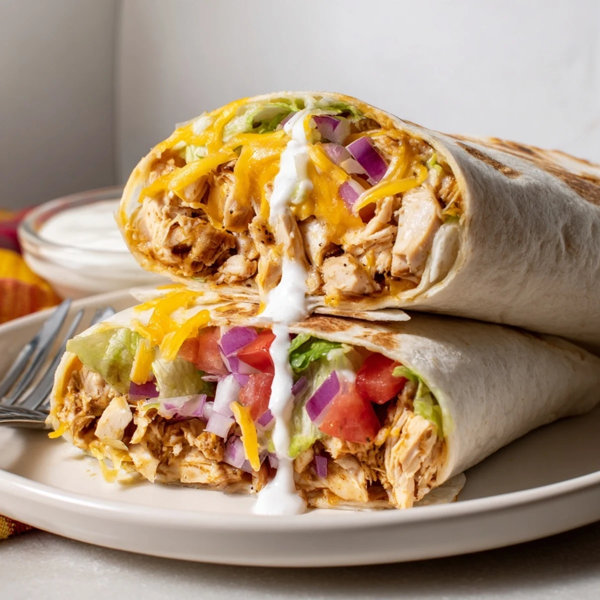 Warm Cheesy Garlic Chicken Wraps steaming with melted cheddar, crisp romaine