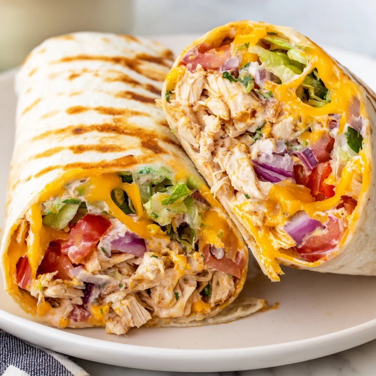 Sliced Cheesy Garlic Chicken Wraps served hot with tangy lemon parsley sauce