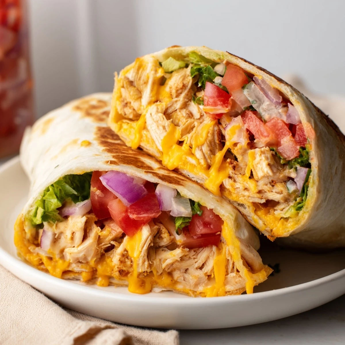 Family friendly Cheesy Garlic Chicken Wraps crisped in skillet, cut in halves