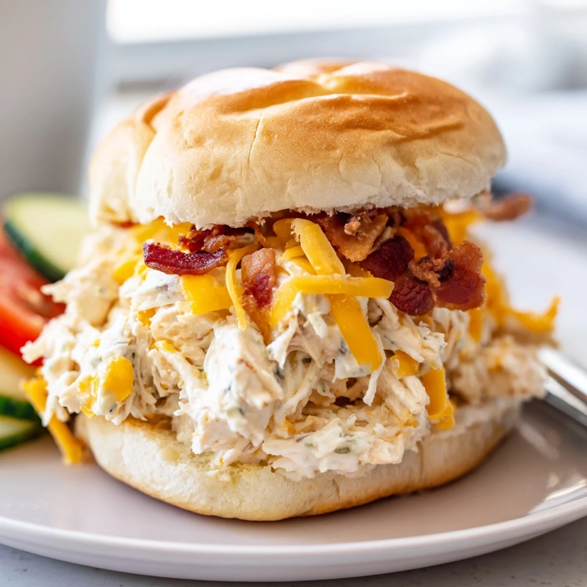 Baked Crack Chicken Sandwiches with crispy bacon topping, paired with iced tea