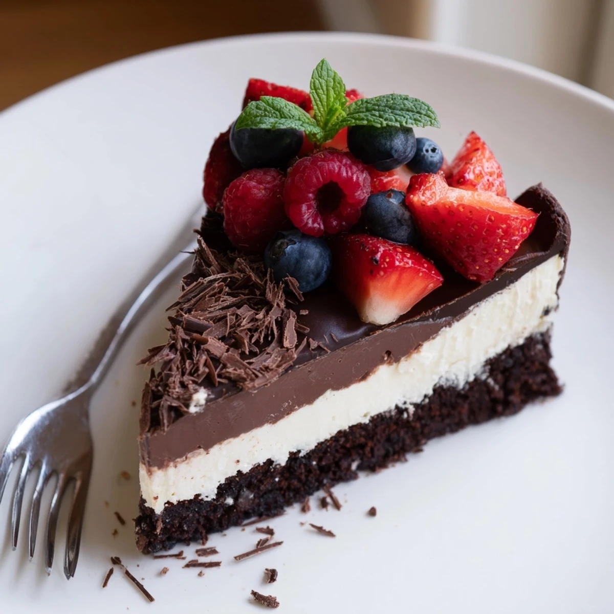 The Ultimate Dessert Recipe: layered chocolate ganache, vanilla cream, glossy mixed berries