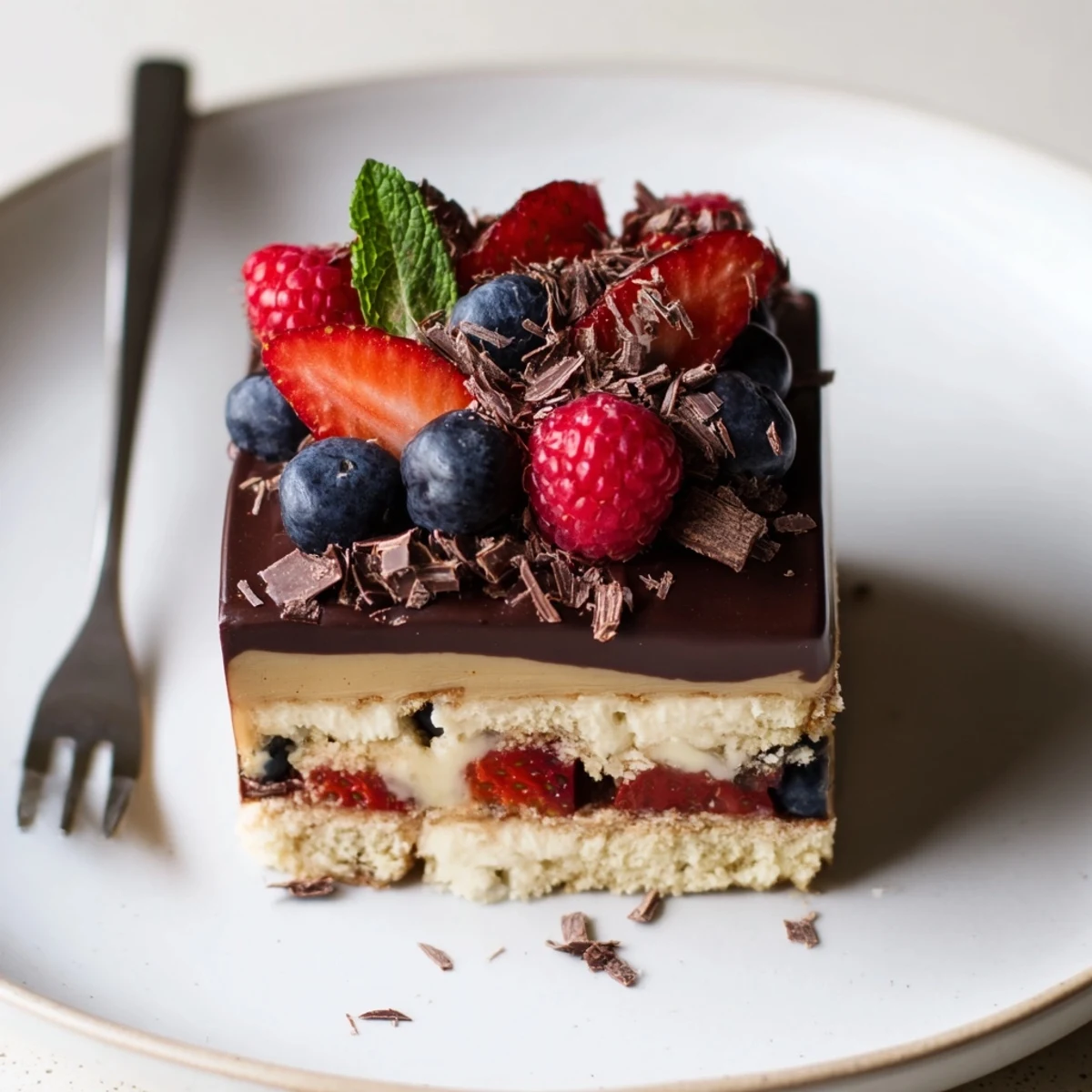 A slice of The Ultimate Dessert Recipe on a plate, mint and shavings