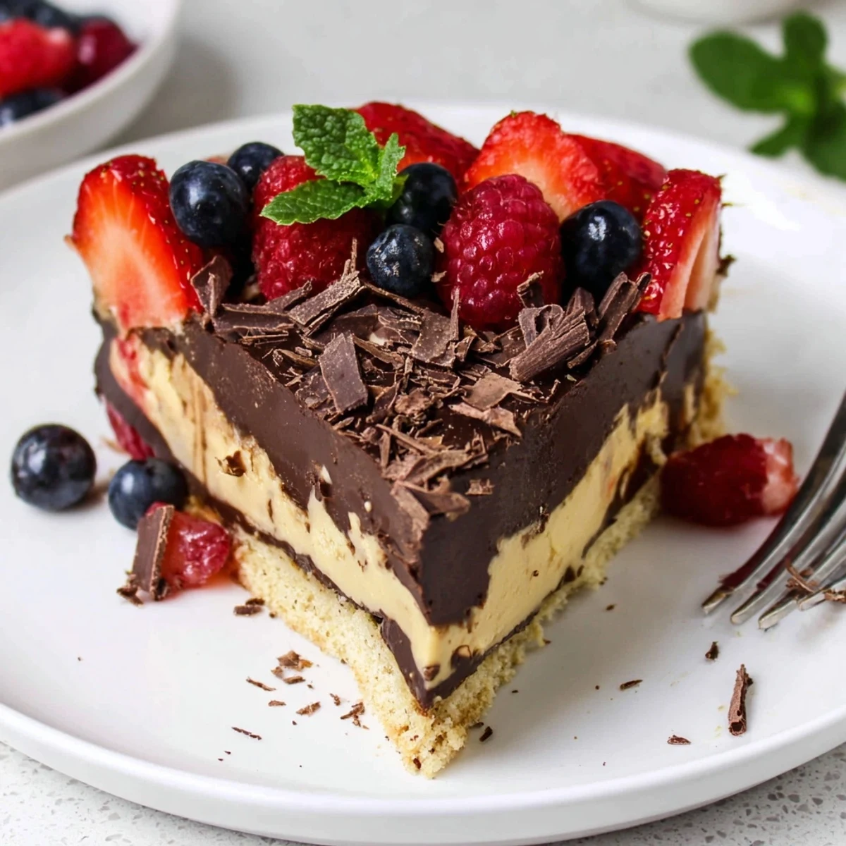 Spoons scoop creamy layers in The Ultimate Dessert Recipe, chilled, topped with berries