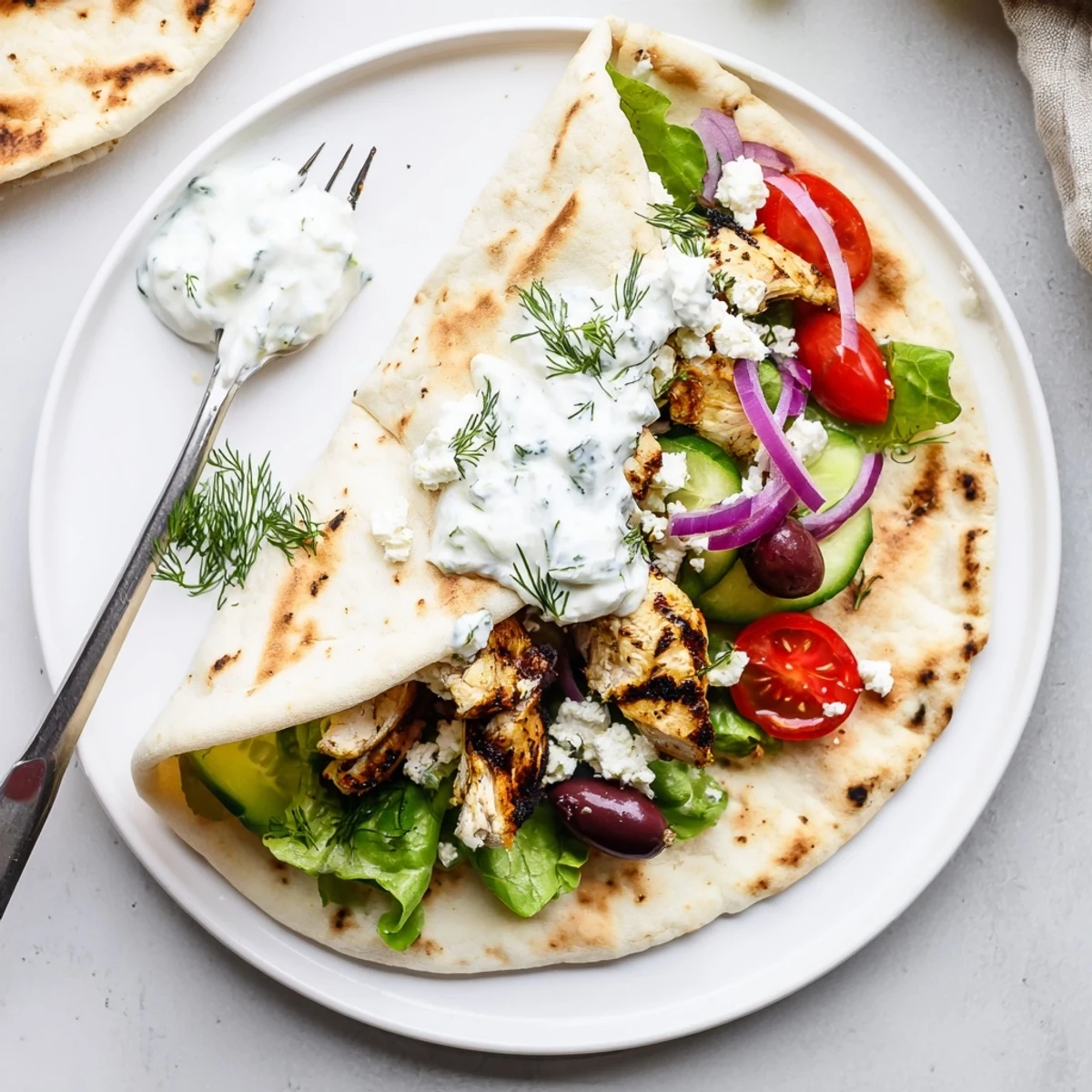 Mediterranean Chicken Pita Wraps with grilled, lemony chicken, crisp veggies, creamy yogurt drizzle