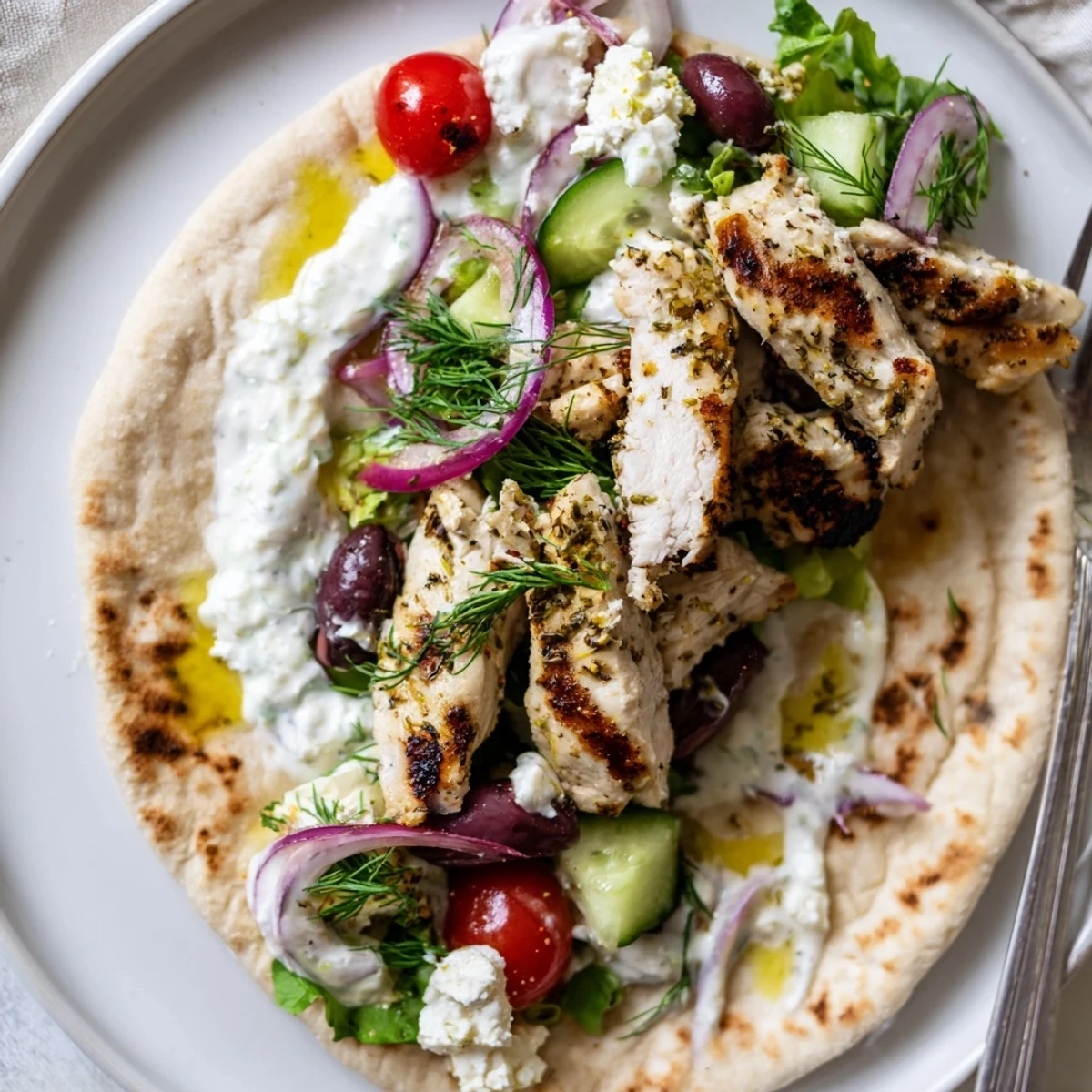 Warm Mediterranean Chicken Pita Wraps piled with feta, tomatoes, cucumber and dill sauce