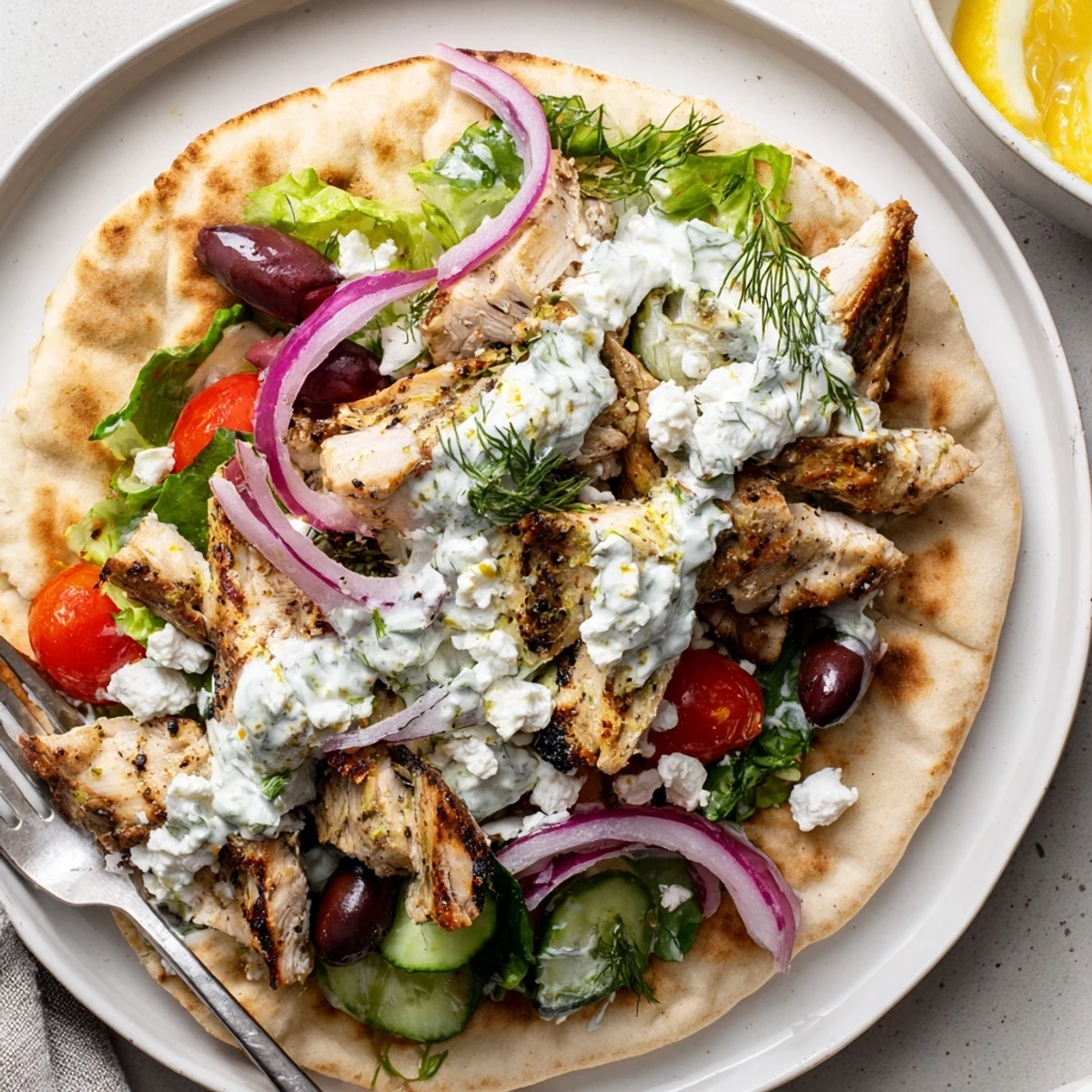 Handheld Mediterranean Chicken Pita Wraps served hot on a wooden board, vibrant colors