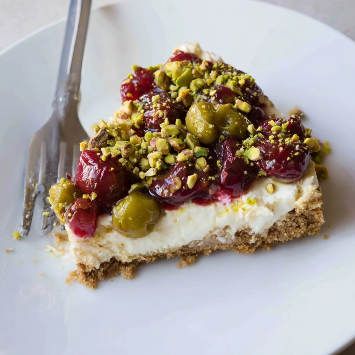 Lemon Lime Cherry Pistachio Cheesecake with glossy cherry topping and crunchy pistachios