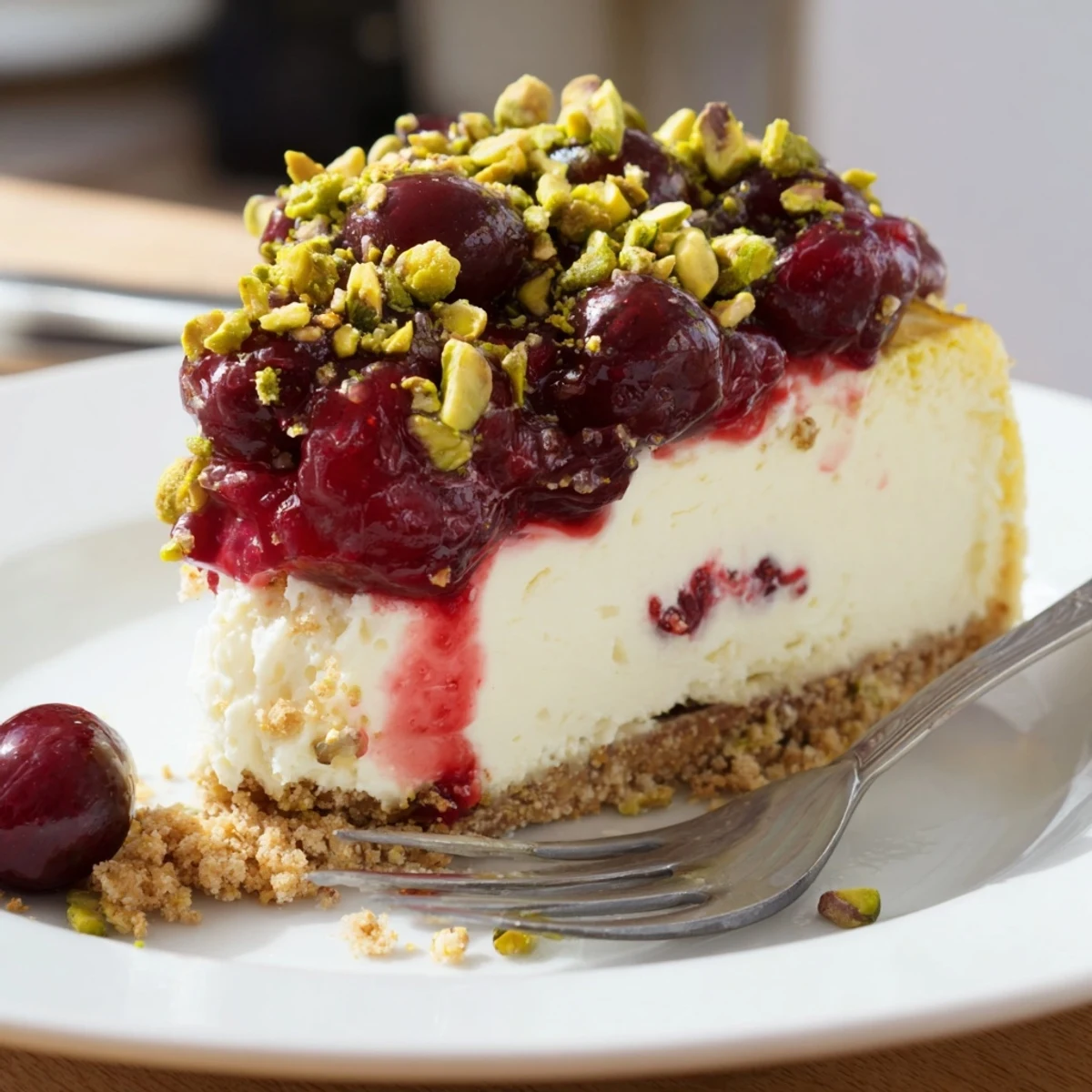 Chilled Lemon Lime Cherry Pistachio Cheesecake slice showing creamy citrus speckled filling