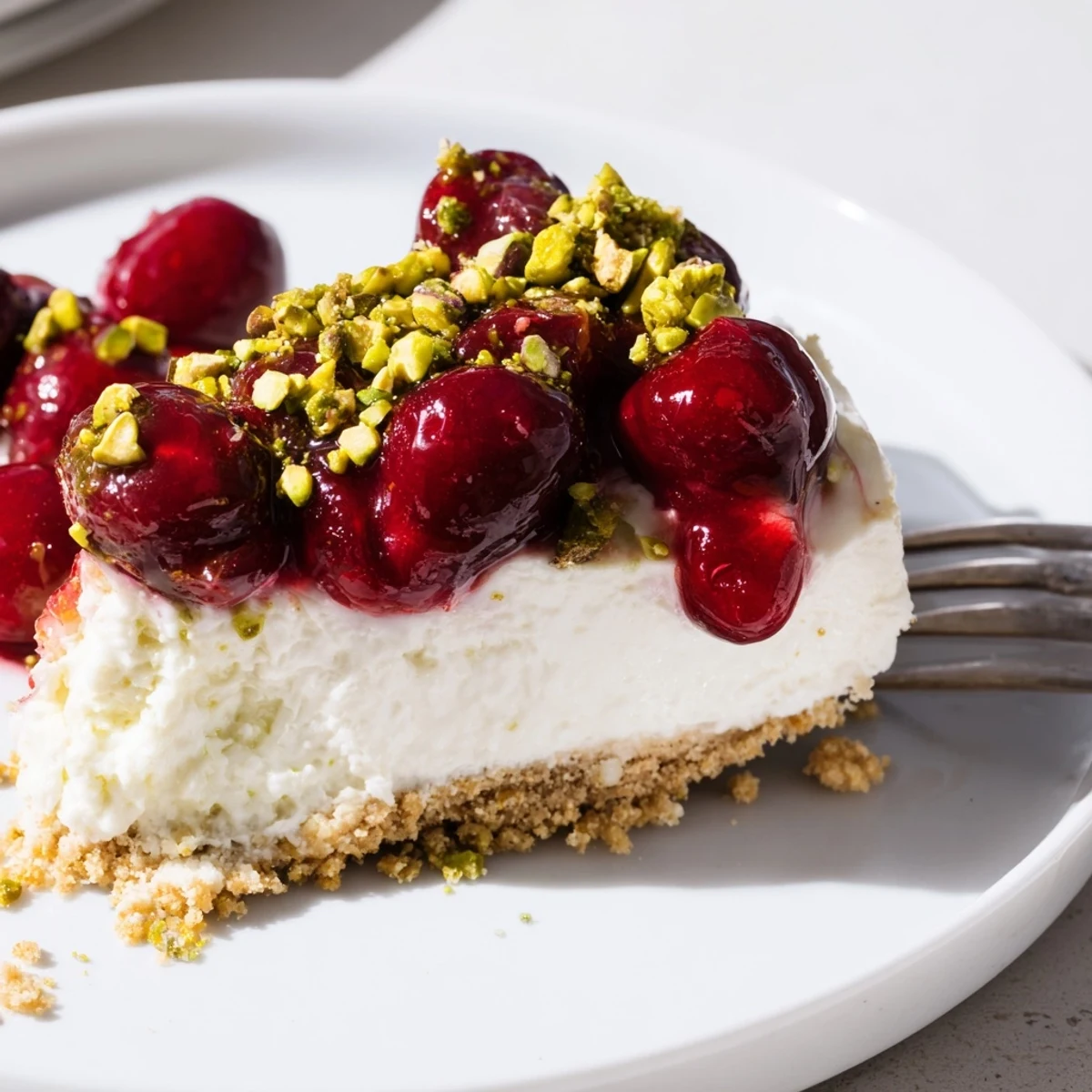 Lemon Lime Cherry Pistachio Cheesecake topped with ruby cherries, served chilled