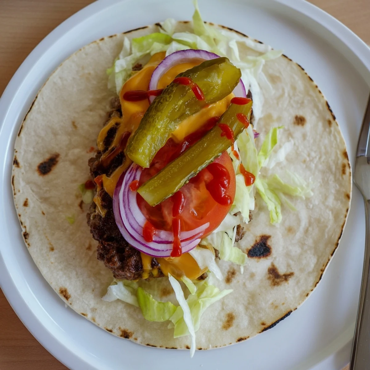 Pan seared Smash Burger Tacos with butter toasted tortillas, crunchy pickles