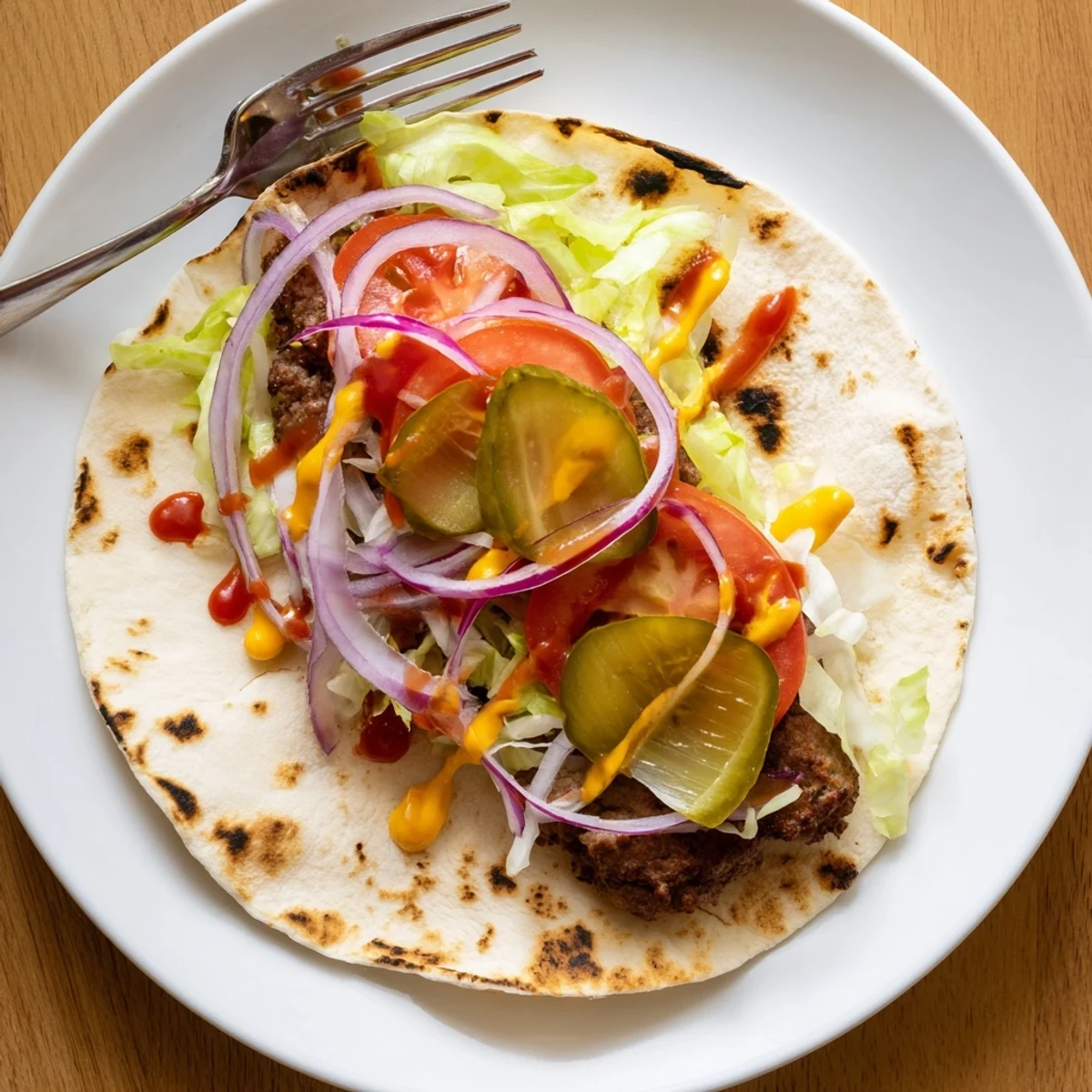 Family style Smash Burger Tacos Recipe plated with shredded lettuce and sauce