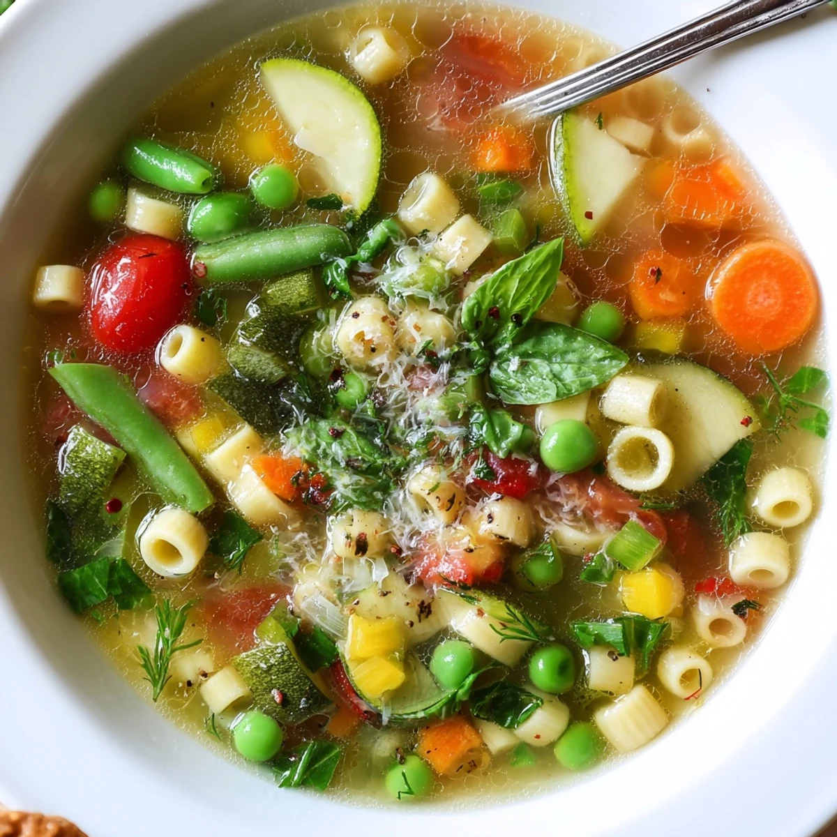 Spring Minestrone Soup Recipe: steaming bowl of vibrant vegetables, basil, grated Parmesan