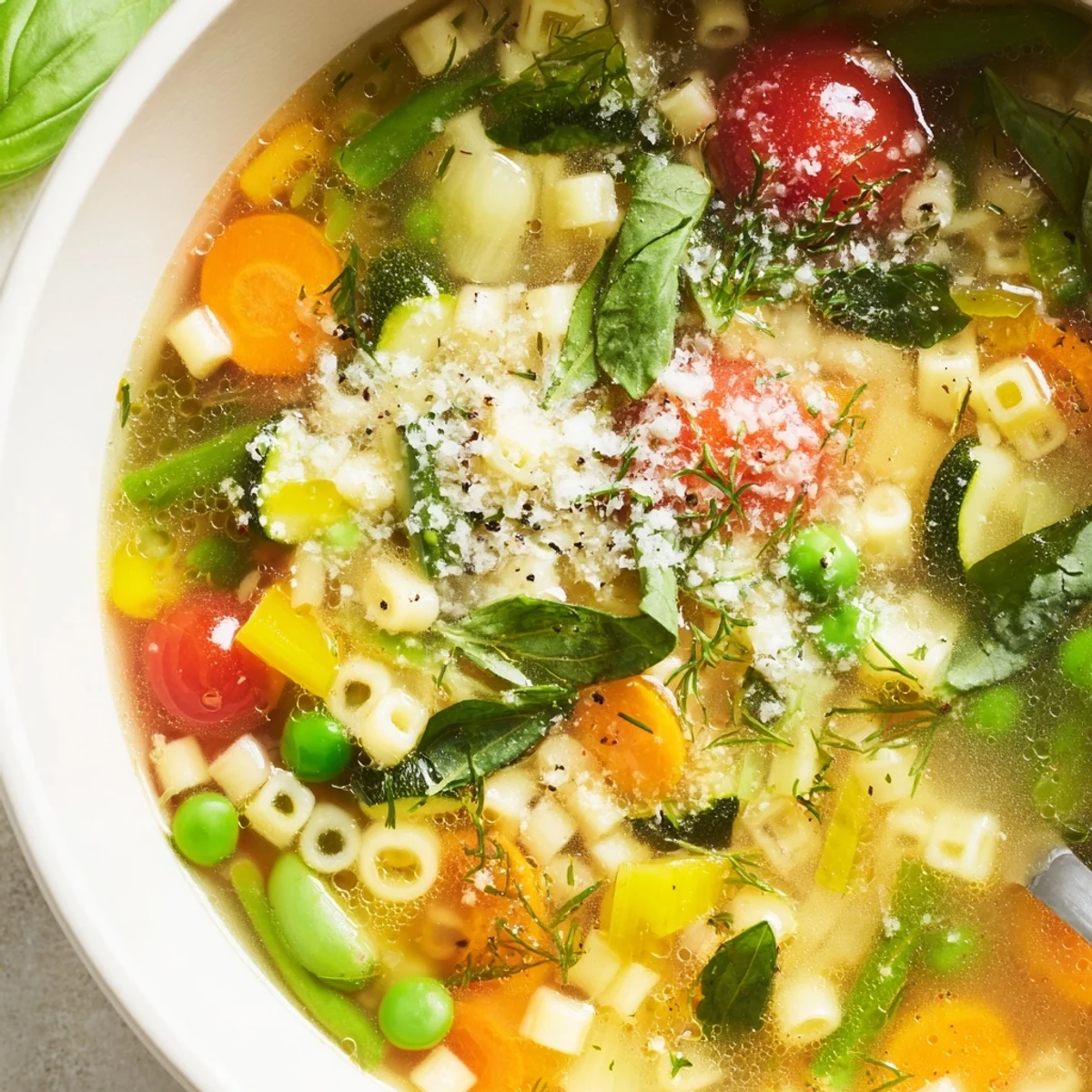 Hearty Spring Minestrone Soup Recipe ladled hot, cherry tomatoes, peas, olive oil drizzle