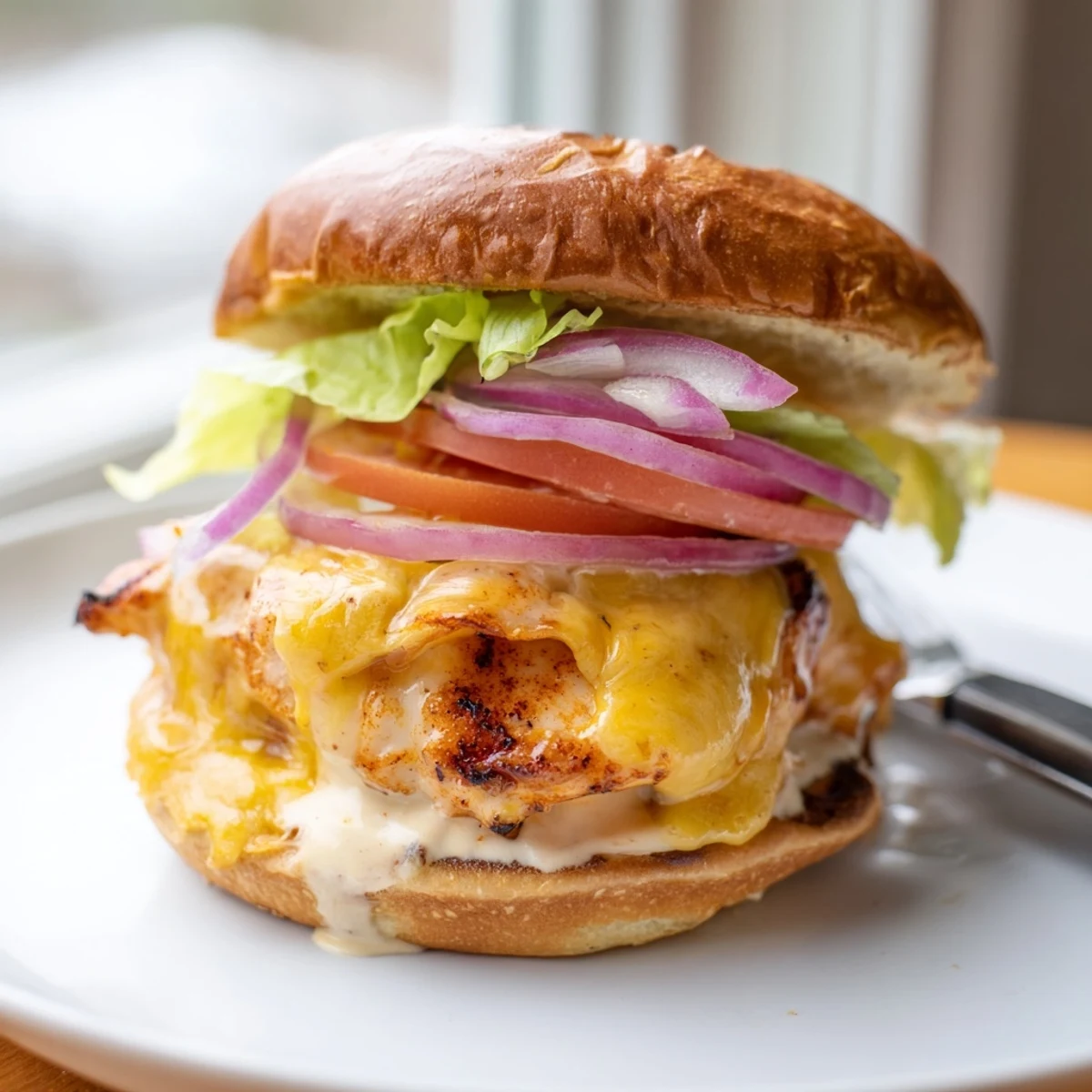 Close-up of Spicy Chicken Sandwich With Creamy Sauce, juicy chicken, melted cheddar