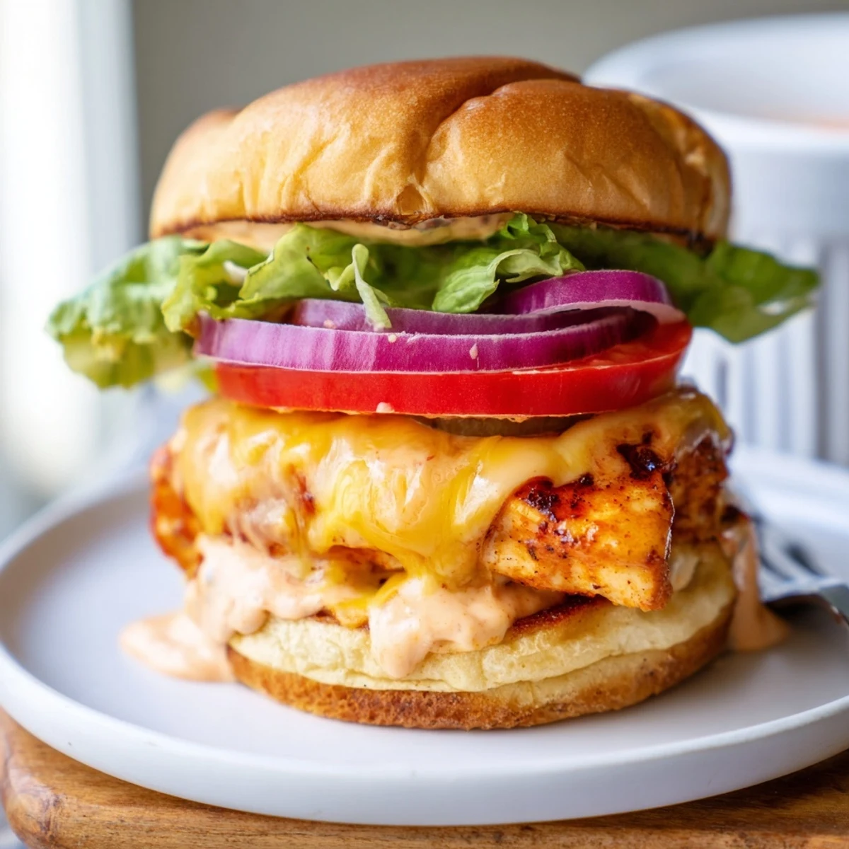 Grilled Spicy Chicken Sandwich With Creamy Sauce, toasted bun, crisp romaine