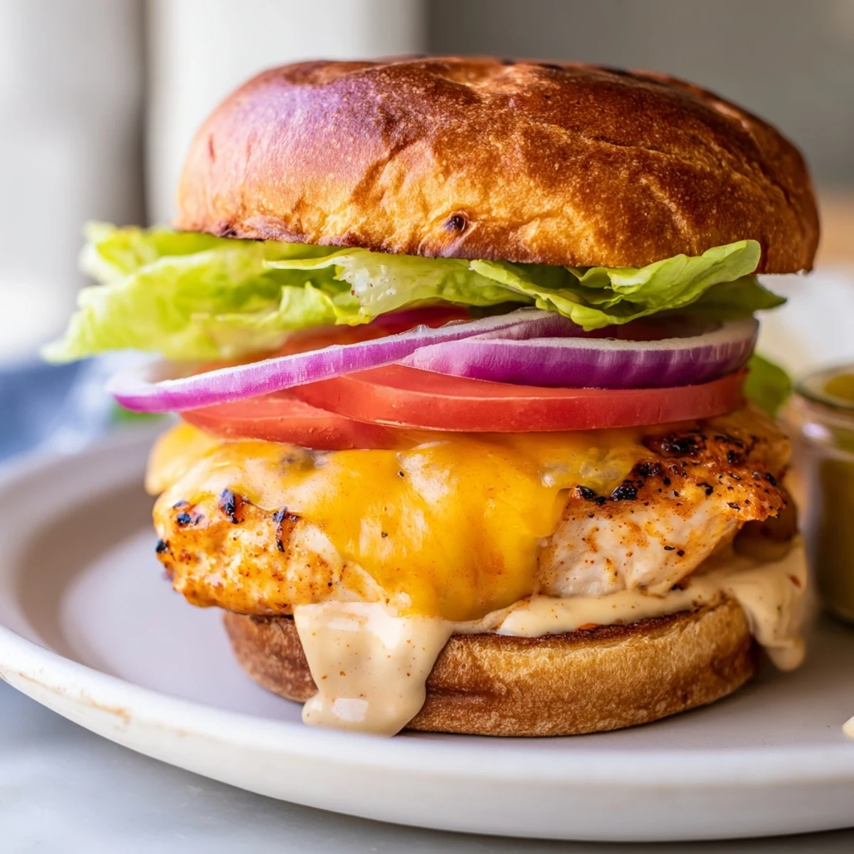 Handheld Spicy Chicken Sandwich With Creamy Sauce served alongside sweet potato fries