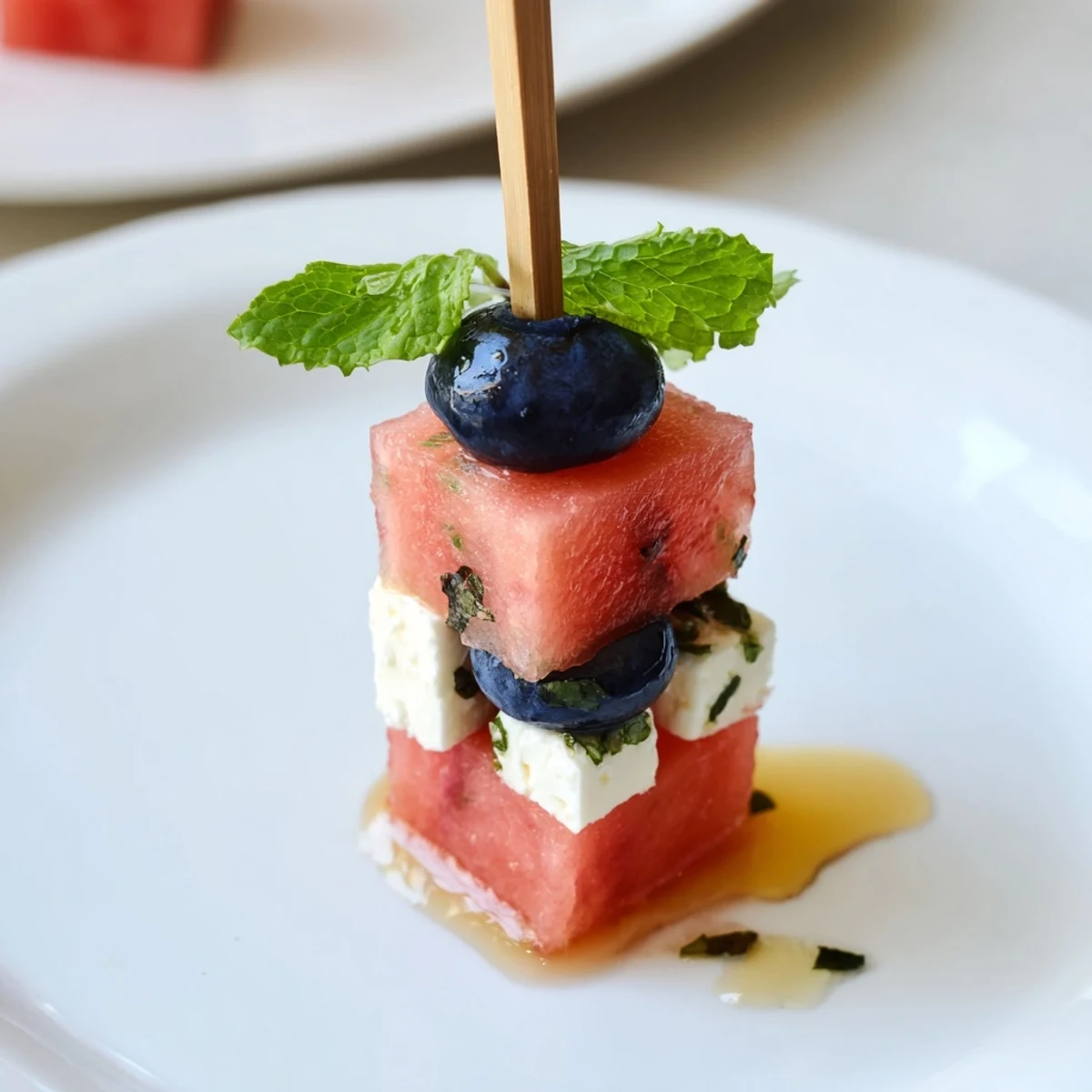 Patriotic Watermelon Feta Skewers arranged on platter, chilled and drizzled with honey