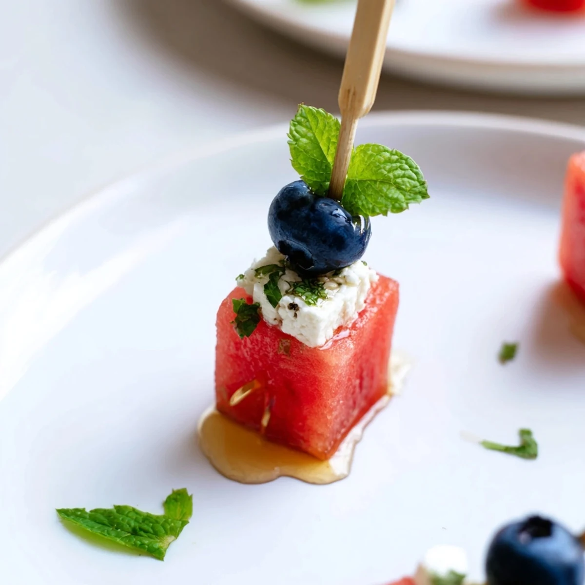 Bright Patriotic Watermelon Feta Skewers: juicy cubes, creamy cheese, fresh blueberries
