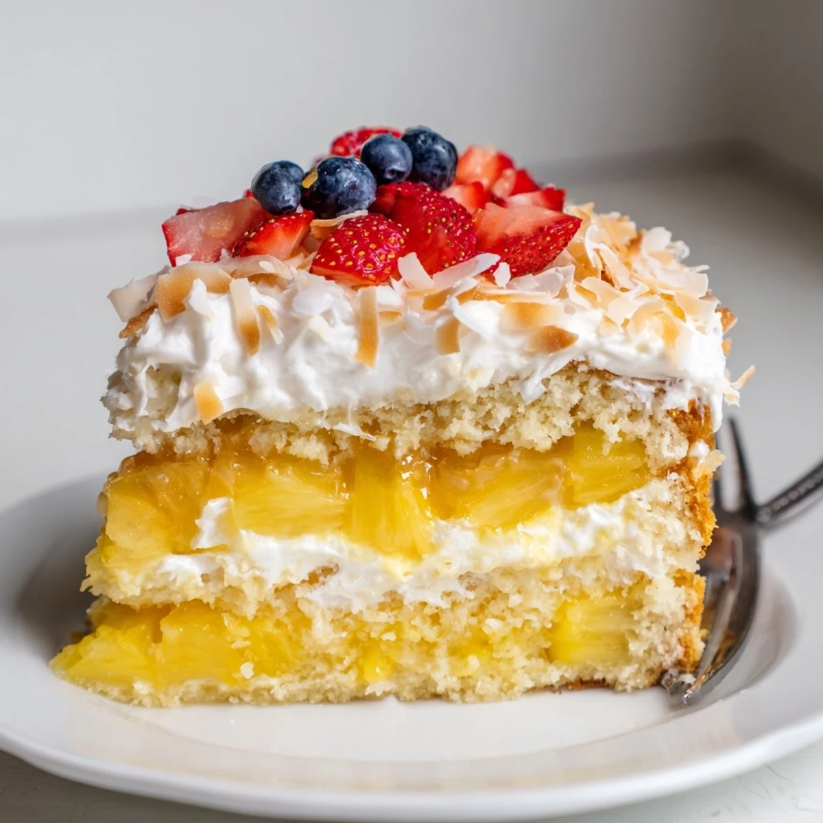 Pineapple Coconut God Bless America Cake sliced, moist layers with toasted coconut  