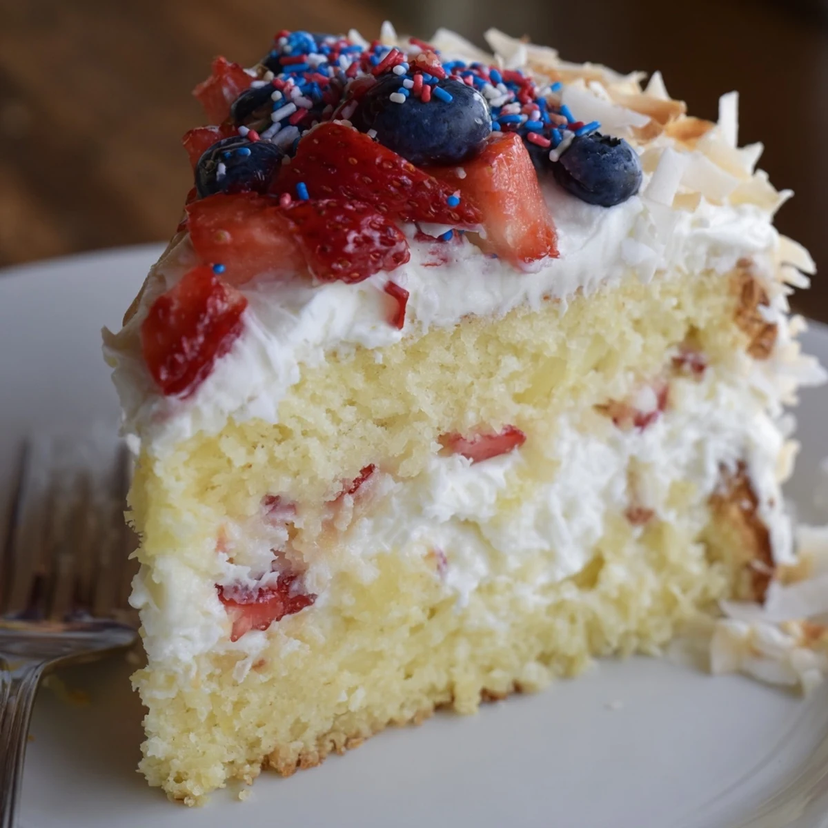 A whole Pineapple Coconut God Bless America Cake frosted with cream cheese, berries  